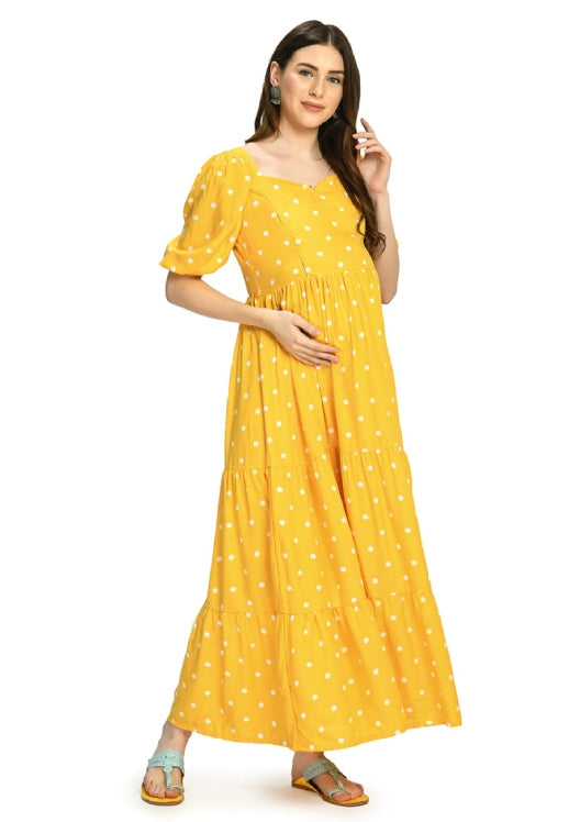 Yellow Polka Dot Tiered Maternity & Nursing Maxi Dress
