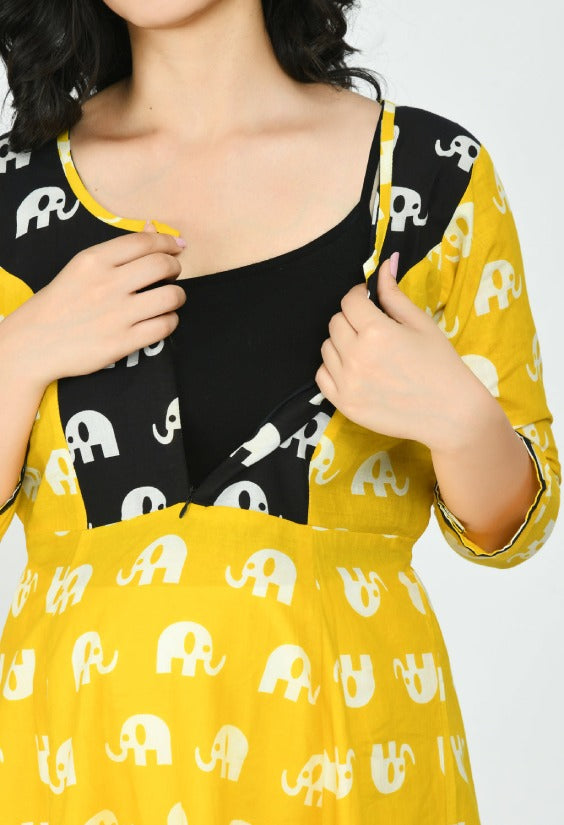 Yellow & Black Elephant Print Maternity & Nursing Maxi Dress