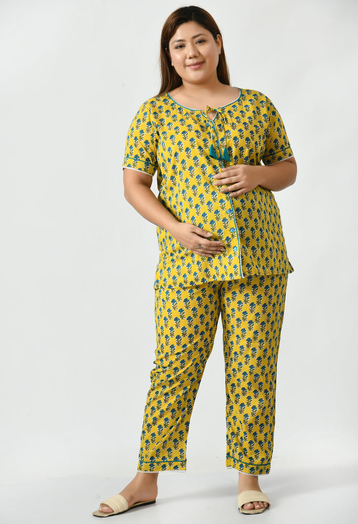 Yellow Cotton Floral Maternity & Nursing Night Suit Top & Pant Set