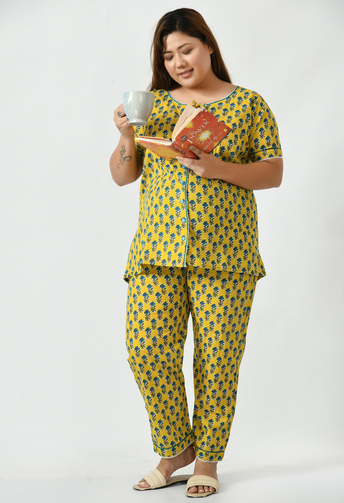 Yellow Cotton Floral Maternity & Nursing Night Suit Top & Pant Set