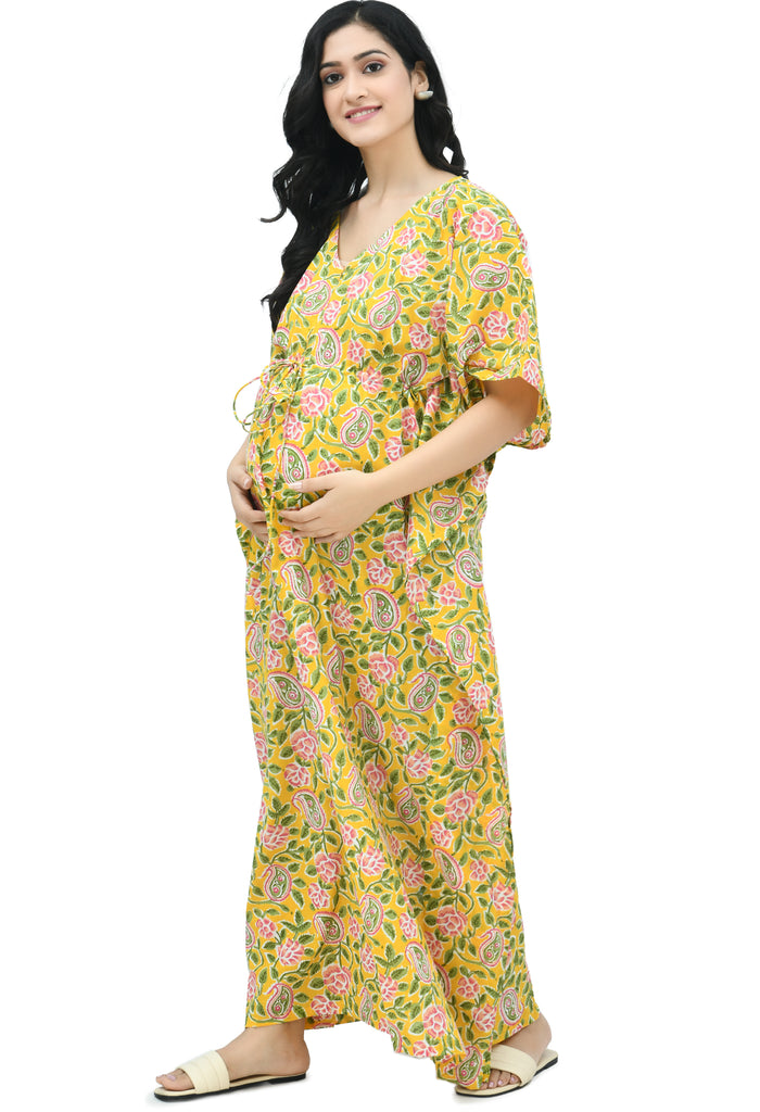 Yellow Floral Maternity & Nursing Kaftan With Zip