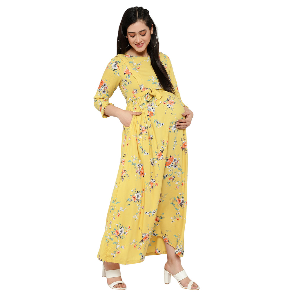 Yellow Floral Maternity & Nursing Maxi Dress