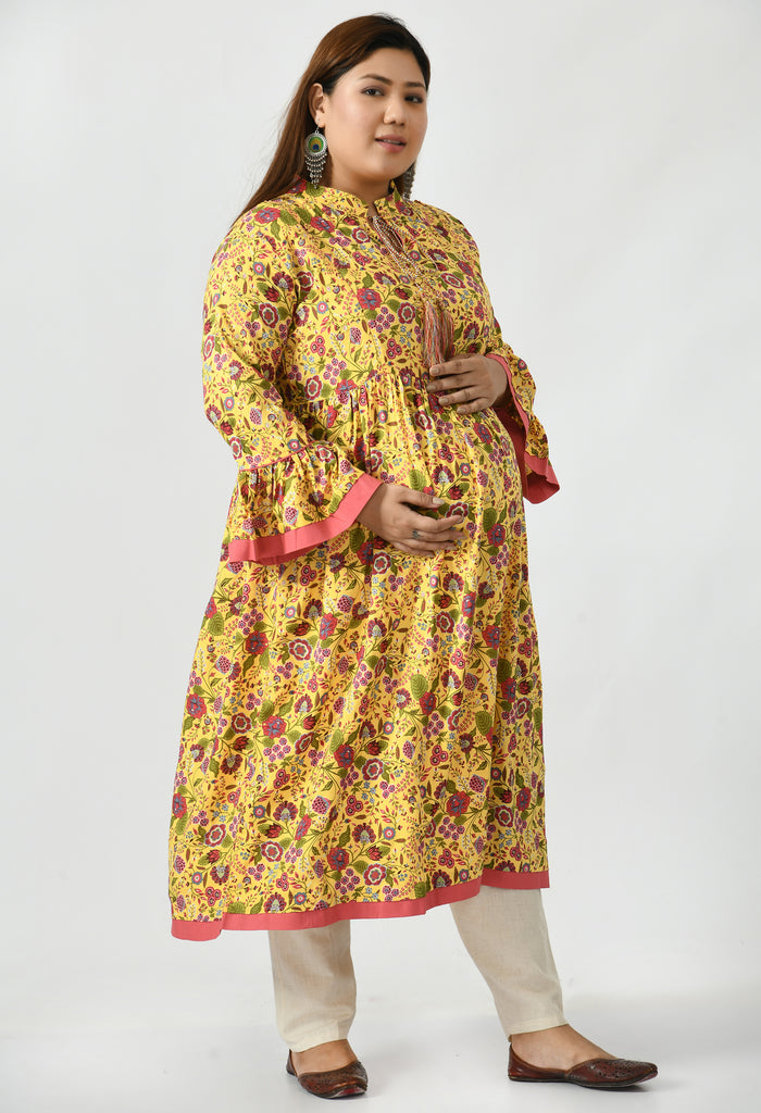 Yellow Floral Tie Up Maternity & Nursing Kurta Dress